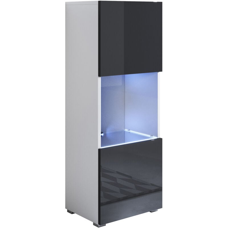 Lettiemobili - Vitrine avec pieds 2 cm avec led 1 porte Meuble de Rangement avec pieds 40 x 128 x 29cm 3 compartiments Modèle Luke V3 Blanc et Noir