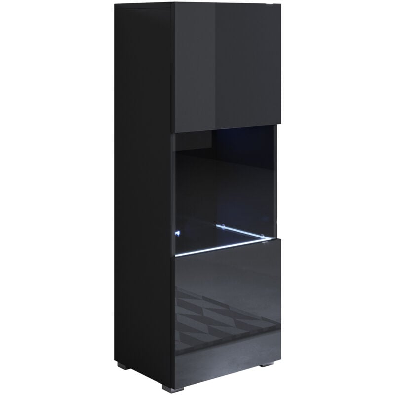 Vitrine avec pieds 2 cm avec led 1 porte Meuble de Rangement avec pieds 40 x 128 x 29cm 3 compartiments Modèle Luke V3 Noir Finition brillante