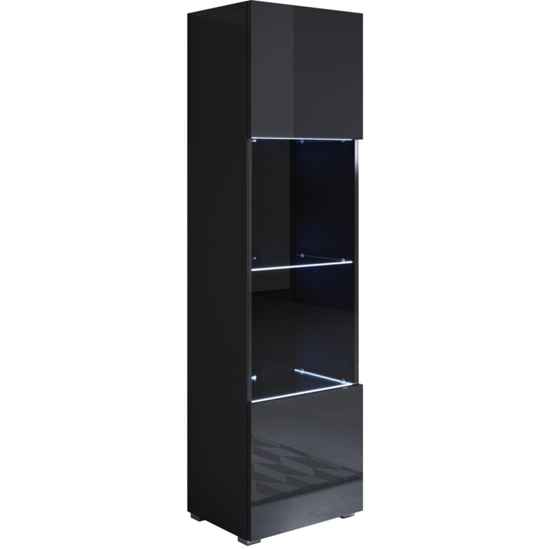 Vitrine avec pieds 2 cm avec LED 1 porte Meuble de Rangement avec pieds 40 x 167 x 29cm 4 compartiments Modèle Luke V6 Noir Finition brillante