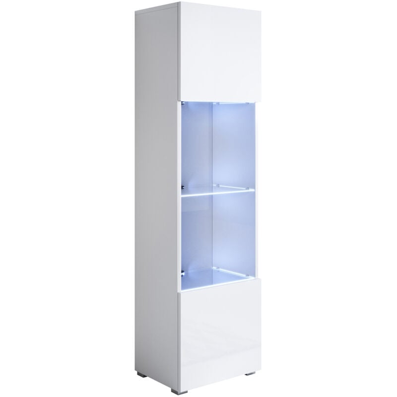 Vitrine avec pieds 2 cm avec led 1 porte Meuble de Rangement avec pieds 40 x 167 x 29cm 4 compartiments Modèle Luke V6 Blanc Finition brillante