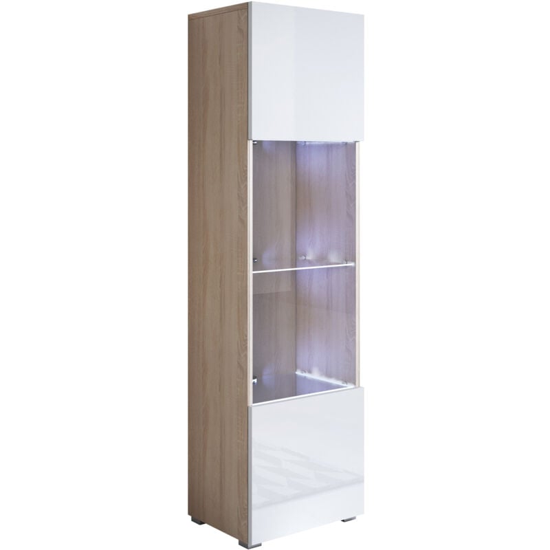 Muebles Bonitos - Vitrine avec pieds 2 cm avec led 1 porte Meuble de Rangement avec pieds 40 x 167 x 29cm 4 compartiments Modèle Luke V6 Sonoma mat