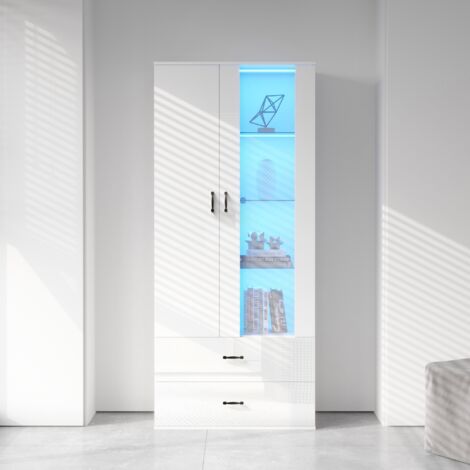Vitrine avec portes transparentes et compartiments de rangement, vitrine indépendante avec éclairage LED, rangement, meuble haut, convient pour salon, chambre - Blanc