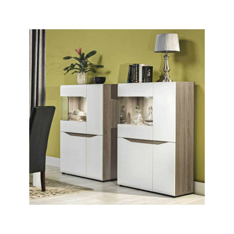 TMM - Vitrine basse 4 portes Blanc/Chêne à led - oniel - l 84.5 x l 40.5 x h 139 cm