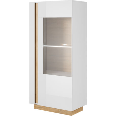 Vitrine basse, blanc + blanc brillant + chêne Grandson, 72 x 154 x 40 cm