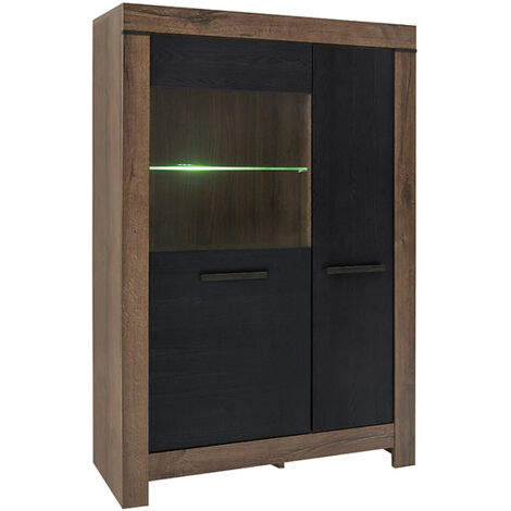 Vitrine Bibliothèque à 2 portes avec éclairage LED, coloris Chêne marron foncé/Chêne noir - Longueur 100,5 x Profondeur 39,5 x Hauteur 148,5 cm