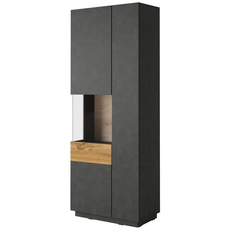 Vitrine, bibliothèque, vaisselier KILES coloris gris anthracite et chêne. Modèle vitrine gauche. LED intégrée - gris