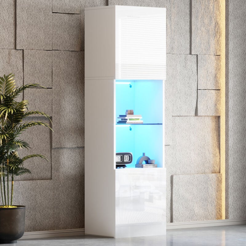 Okwish - Vitrine blanche brillante 45x35x160 cm avec éclairage led, 1 étagère en verre, vitrines indépendantes, armoires hautes de rangement
