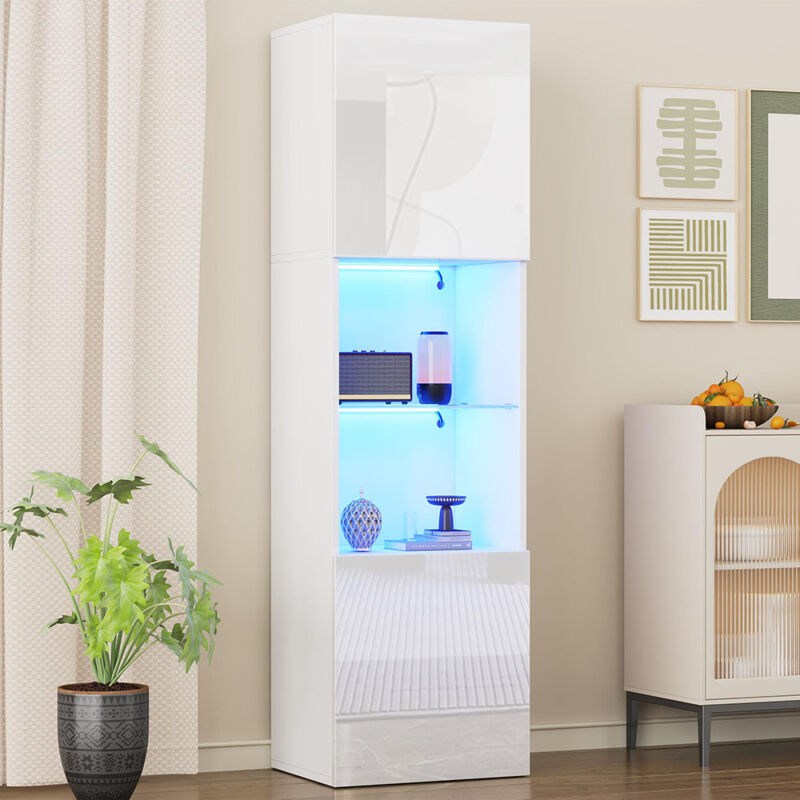 Vitrine Blanche Brillante avec LED – 1 Étagère en Verre – 45 x 35 x 160 cm – Élégante & Moderne