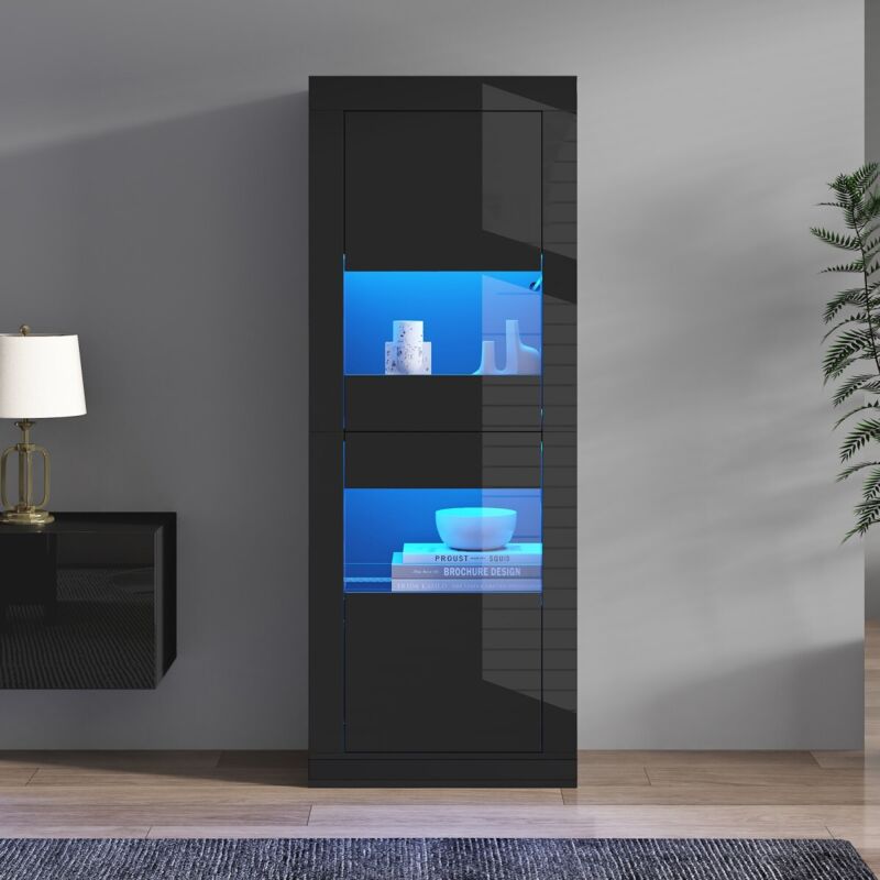 Vitrine noire brillante LED 61x42x162cm, armoire haute en verre avec 1 étagère, meuble rangement