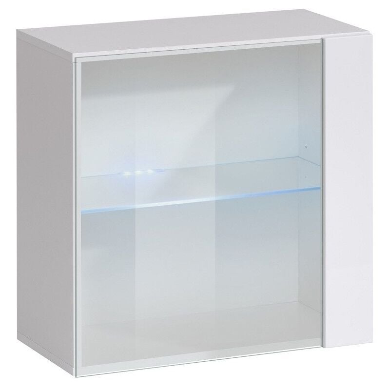 Meublorama - Vitrine carrée suspendue – Blanc – Collection switch – Porte vitrée et led inclus – Design moderne