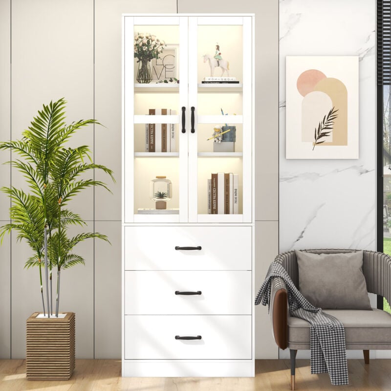 Vitrine blanche avec 3 tiroirs, 2 étagères réglable, 2 portes vitrées et éclairage led, 60x40x200 cm