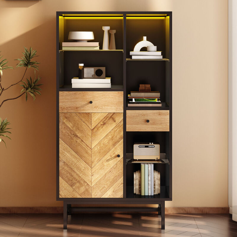 Neche - Vitrine Buffet - 80L x 40l x 150.5Hcm avec bande lumineuse led 12 couleurs,Tiroirs et étagères en verre,Grain de bois triangulaire