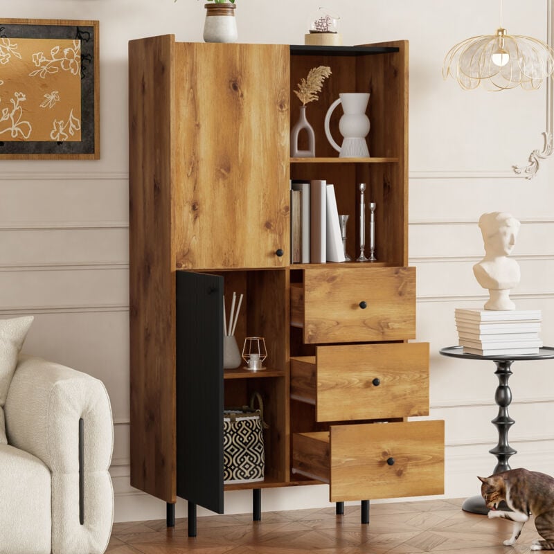 Hauss Spole - Vitrine, buffet - 83x40x160 cm, 2 portes, 3 tiroirs, étagères ouvertes, moderne, noir + naturel