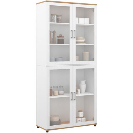Vitrine buffet haut H. 176 cm vaisselier VITO 4 portes vitrées blanc et bois