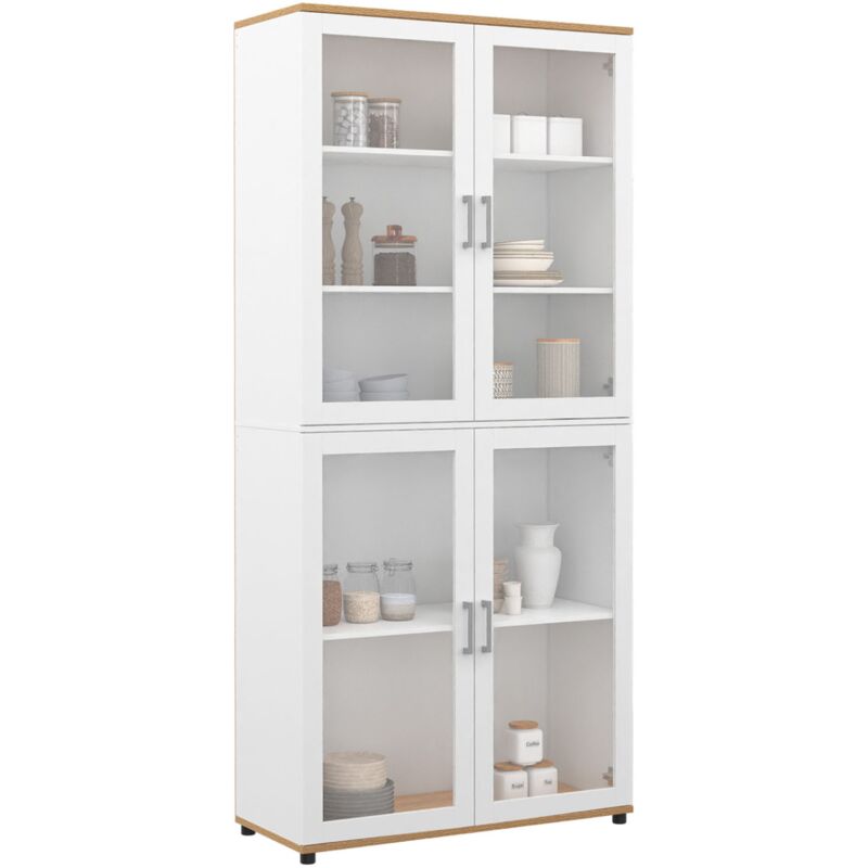 Vitrine buffet haut h. 176 cm vaisselier vito 4 portes vitrées blanc et bois