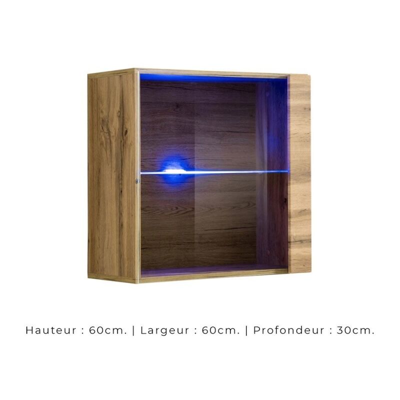 vitrine carrée suspendue coloris chêne clair avec 1 porte vitrée et éclairage led inclus. collection switch. - marron - bois