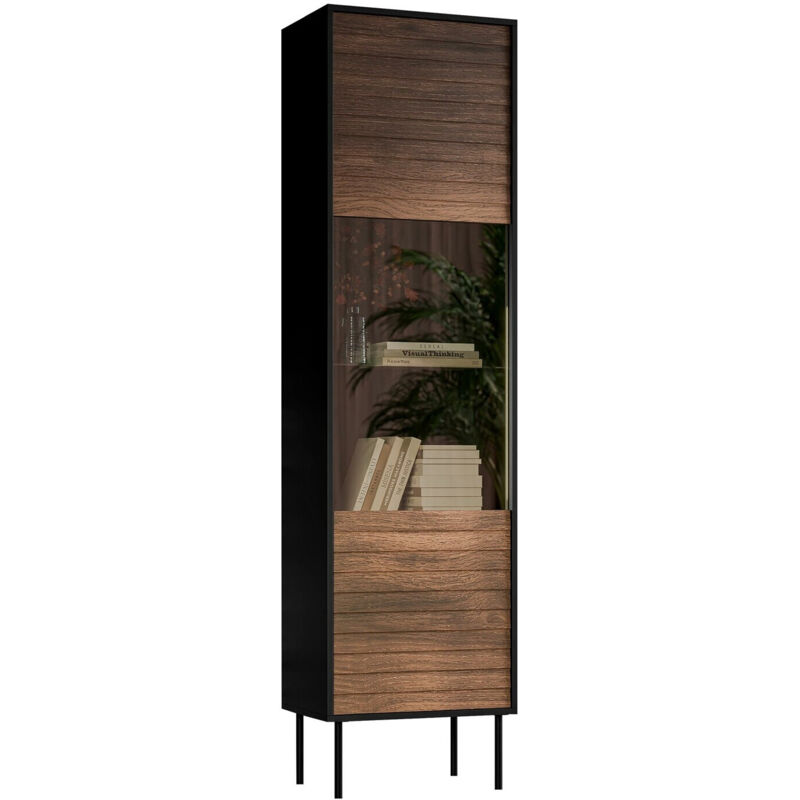 Mobilier1 - tagère Flosoru 107, Noyer + Noir, Avec des portes, Fermé, Stratifié, Verre trempé, mdf, Le nombre de portes: 0, Nombre de tiroirs: 0,