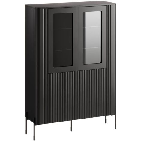 Vitrine Cimino, vitrine de salon à deux portes avec détails en verre, surélevée du sol, 110 x 40 x 160 cm, noire