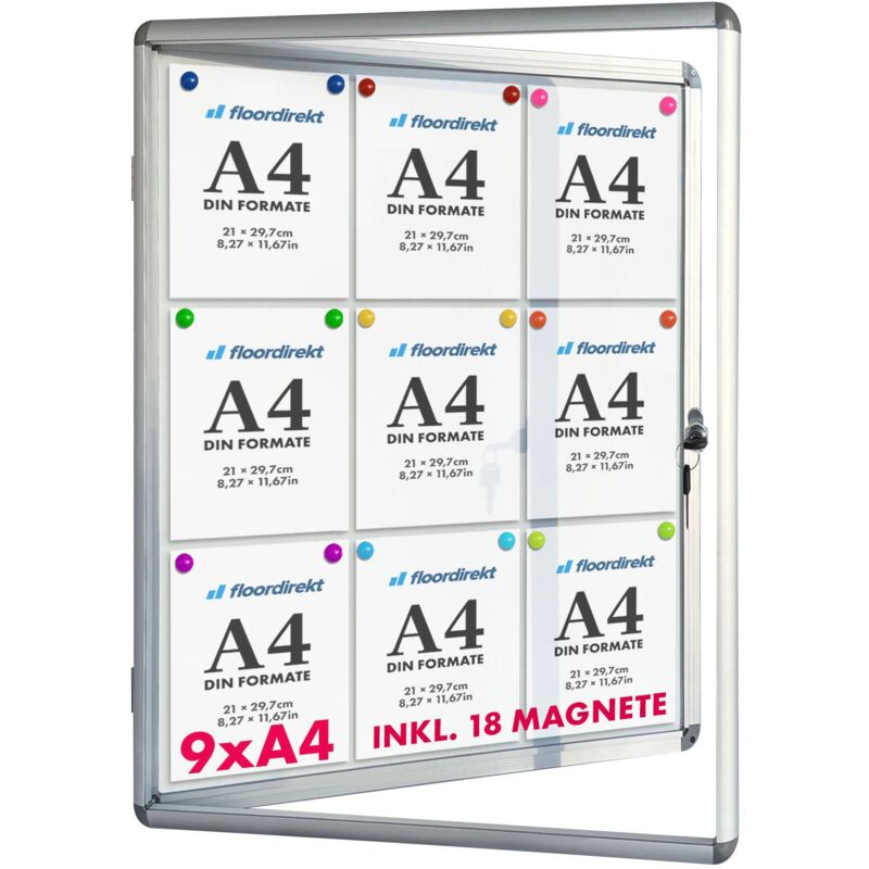 Floordirekt – Tableau d'affichage vitrine 70 x 97 cm – Surface magnétique inscriptible – Porte en acrylique verrouillable – 9 x A4 avec 18 aimants