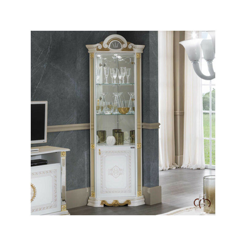 TMM - Vitrine d'angle Blanc/Or à Led - adele - l 64 x l 45 x h 207 cm