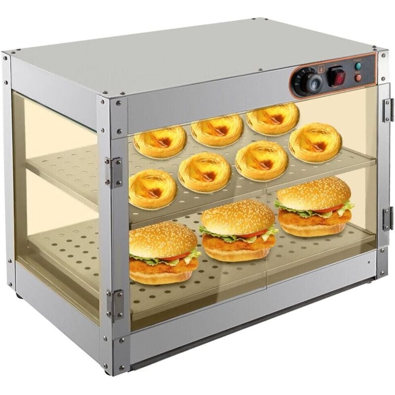 Vitrine de Maintien au Chaud avec Support et Pince à pain, Armoire Chauffante Acier Inoxydable Electrique à 2 Etages, Comptoir à Burger/Poulets, Pour