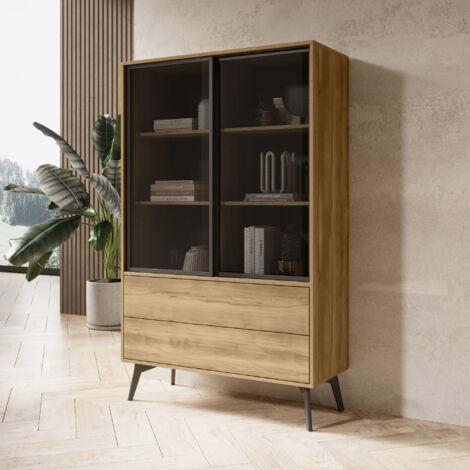 Vitrine Debout Estevan - Chêne Doré - Vitrée - 2 Tiroirs - Largeur 100 cm, Hauteur 165 cm, Profondeur 39 cm
