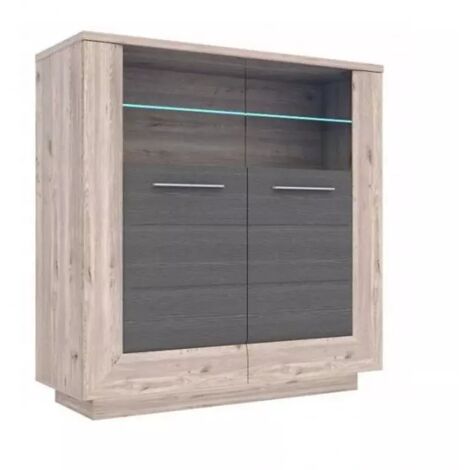 Vitrine décor bois avec vitrage verre trempé et poignées métal - SHERA