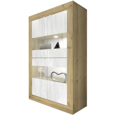 Vitrine design 4 portes collection ACCESS. Coloris blanc et chêne clair