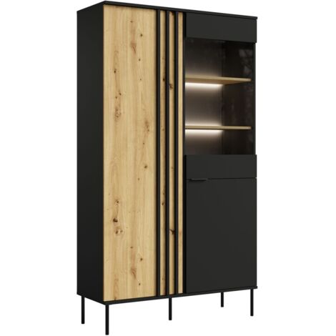 Vitrine design IZO – 2 portes – Noir onyx & Chêne clair – 110x195x40 cm