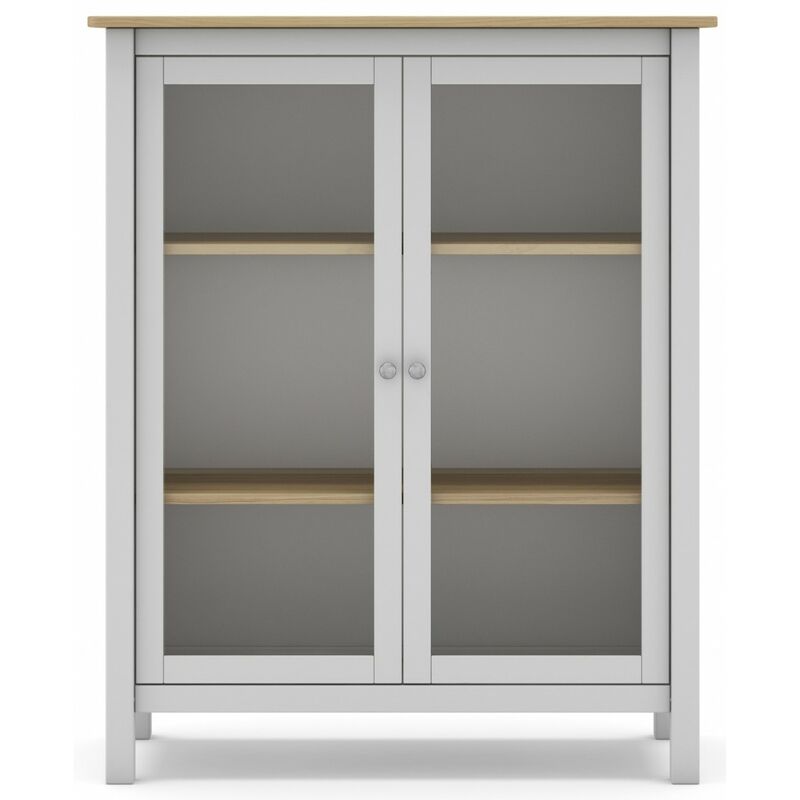 Pegane - Vitrine en pin massif chêne et blanc, meuble de rangement avec 2 portes - Longueur 90 x Profondeur 40 x Hauteur 110 cm