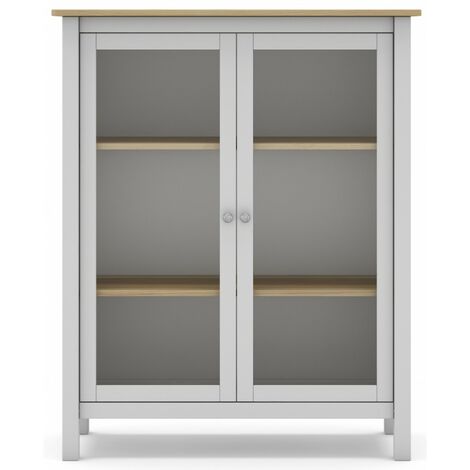 Vitrine en pin massif chêne et blanc, meuble de rangement avec 2 portes - Longueur 90 x Profondeur 40 x Hauteur 110 cm -PEGANE-