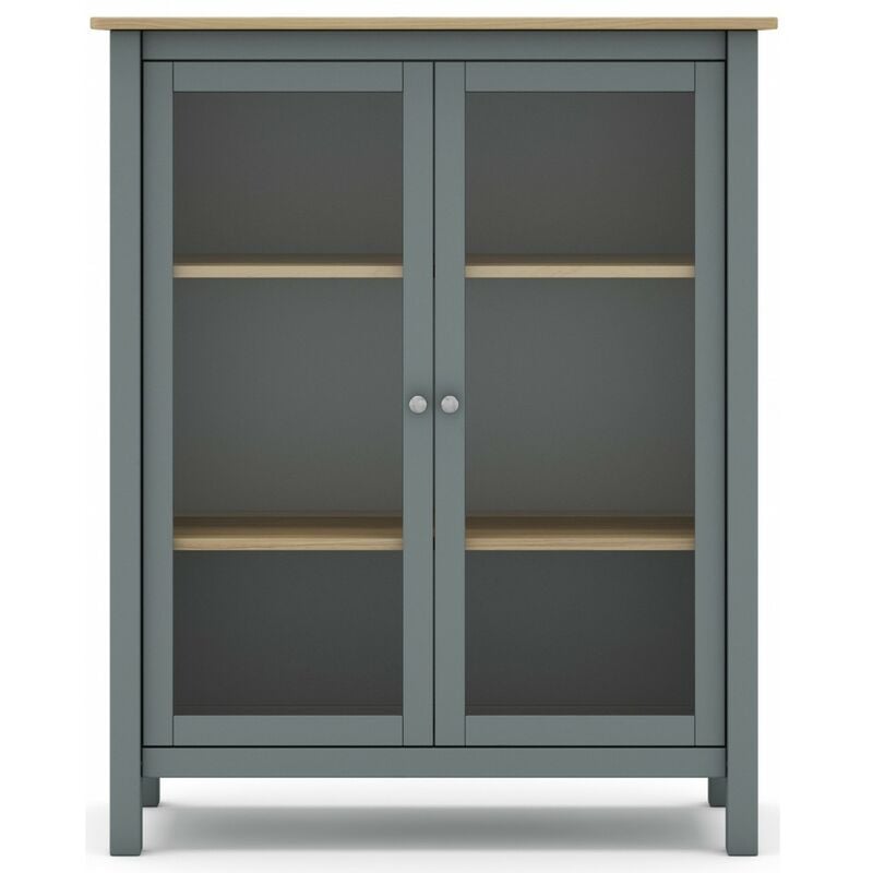 Pegane - Vitrine en pin massif chêne et vert kaki, meuble de rangement avec 2 portes - Longueur 90 x Profondeur 40 x Hauteur 110 cm