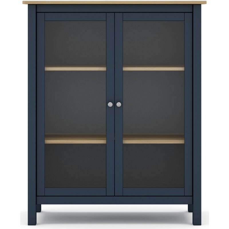 Pegane - Vitrine en pin massif chêne et bleu, meuble de rangement avec 2 portes - Longueur 90 x Profondeur 40 x Hauteur 110 cm