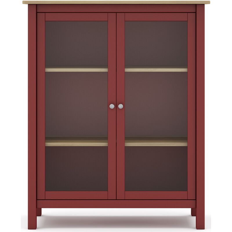 Vitrine en pin massif chêne et bordeaux, meuble de rangement avec 2 portes - Longueur 90 x Profondeur 40 x Hauteur 110 cm Pegane