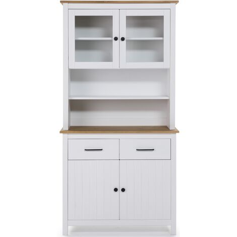 Vitrine en pin massif décor ciré chêne et blanc, meuble de rangement - Longueur 90 x Profondeur 40 x Hauteur 180 cm -PEGANE-