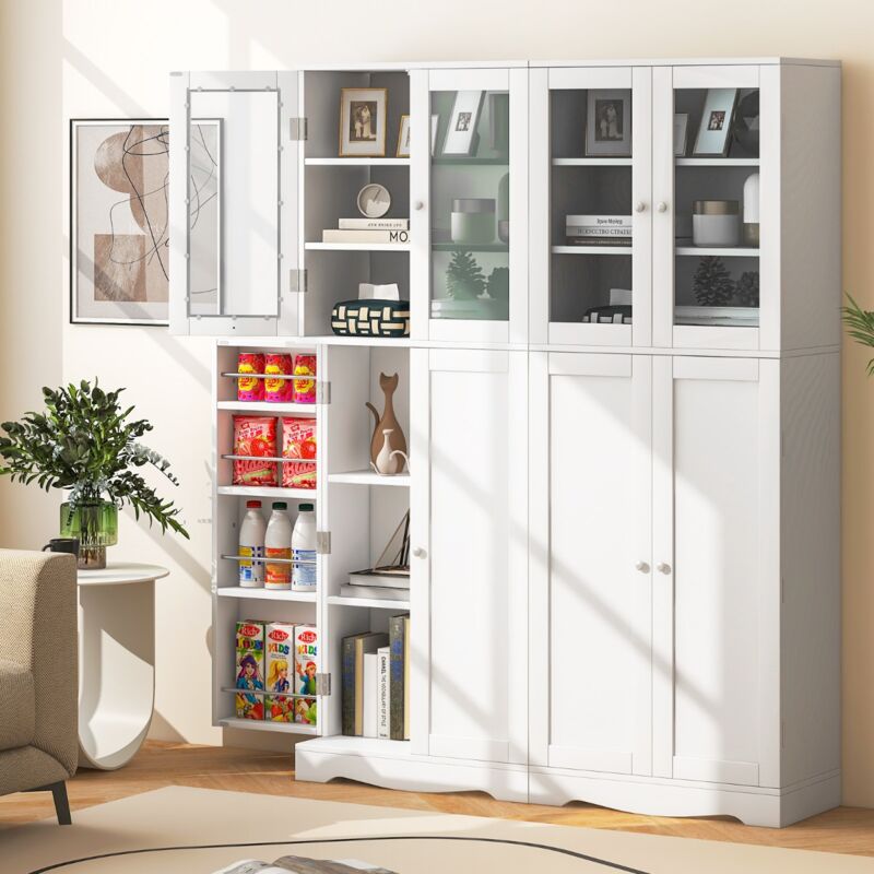 Vitrine en Verre 161,5 cm Armoire Cuisine Haute avec 2 Portes Vitrées et 2 Portes Multi-Rangement Style Scandinave Meuble de Rangement Blanc CW7532