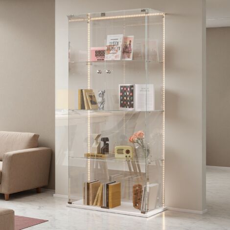 Vitrine en verre, 163x78.5x35cm, 4 niveaux, vitrine de collectionneur avec lumière LED, vitrine de rangement pour la chambre, le bureau, le salon, Base blanche