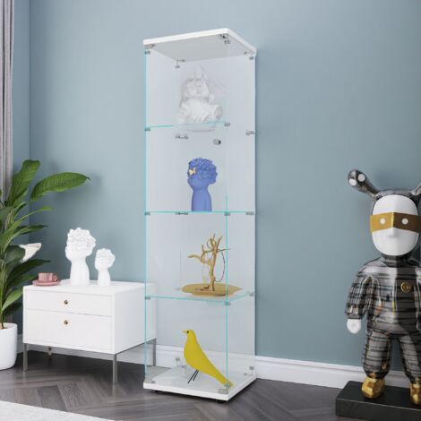 Vitrine en verre, 164x42.5x36.5cm, 4 niveaux, vitrine de collectionneur, vitrine de rangement en verre pour la chambre, le bureau, le salon, blanc