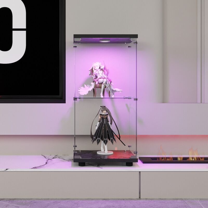 Fortuna Lai - Vitrine en verre 2 étagères avec led, 86x40x36cm, étagère en verre sur pied, noir