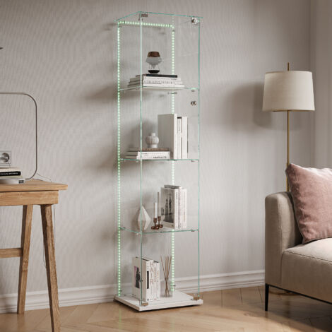 Vitrine en Verre 39.8x35x163cm,Armoire Vitrée Collection avec LED réglable et 1 Portes à Serrure,Vitrine Sur Pied en Verre avec 4 Étagères,Armoir de Verre Debout pour Salon, Chambre, Blanc