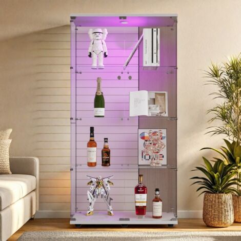 Vitrine en Verre 4 Couches avec LED,80.5x36.5x134cm Armoire Vitrine trempé en Verre avec 2 Porte et Serrure, Vitrines de Collection pour Salon,Blanc
