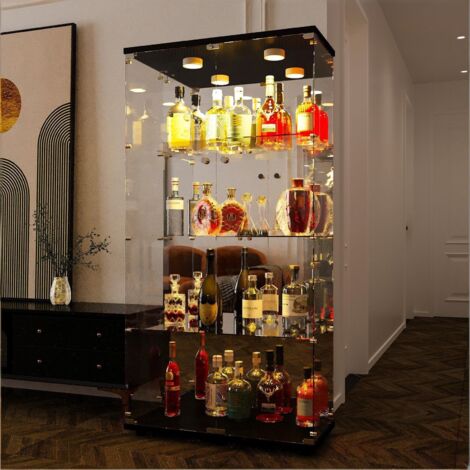 Vitrine en Verre, 4 Étagères, avec 2 Portes, Éclairage LED, Design Moderne, pour Salon, Chambre et Bureau, 80.5x36.5x164 cm, Noir