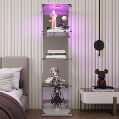 Vitrine en verre 42,5x36,5x164 cm, avec 4 étagères, éclairage LED, porte simple, verre trempé, sur pied, miroir, pour salon, chambre, bureau,Blanc