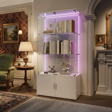 NMONET Vitrine en verre à 3 niveaux et portes coulissantes avec serrure de sécurité, vitrine pour collection, hauteur 164 cm, meuble de rangement à 2 portes, bande LED, blanc