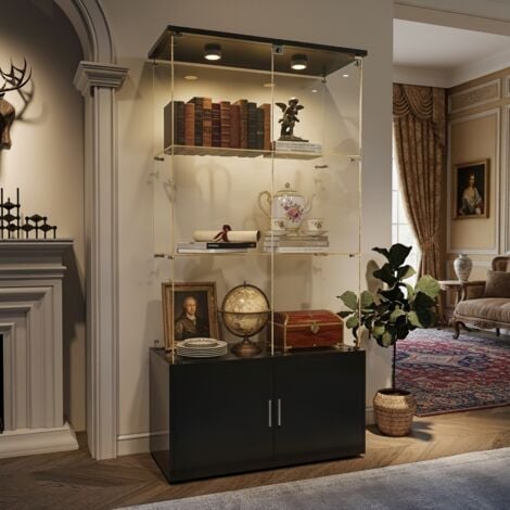 NMONET Vitrine en verre à 3 niveaux et portes coulissantes avec serrure de sécurité, vitrine pour collection, hauteur 164 cm, meuble de rangement à 2 portes, éclairage LED, noir