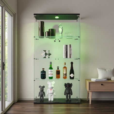 Vitrine en verre à deux portes avec éclairage LED, étagère 4 niveaux avec porte, bibliothèque ancienne sur pied, idéale pour salon, chambre, bureau, noire (165 x 81 x 36 cm).