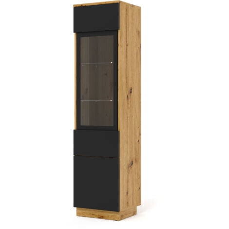 BIM FURNITURE Vitrine en verre Aura 1DS 150x37x33 cm, étagères, armoire, meuble, vitrine, bibliothèque, chêne artisan/noir mat