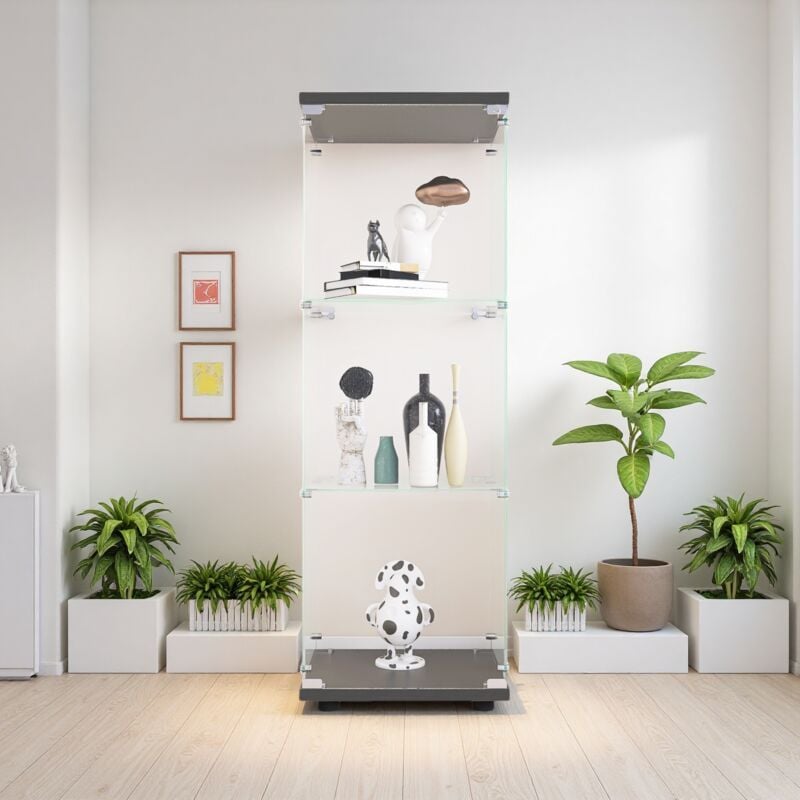 Fortuna Lai - Vitrine en verre avec 3 étagères, 125x42x36cm, étagère en verre sur pied, noir