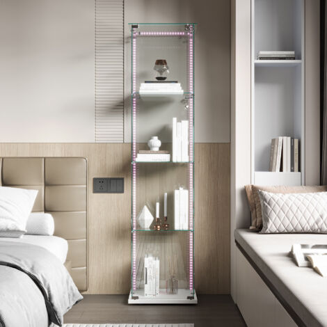 Vitrine en verre, avec 4 étagères, bande lumineuse LED intégrée, bibliothèque en verre sur pied, vitrine LED, 40x35x163 cm,Blanc