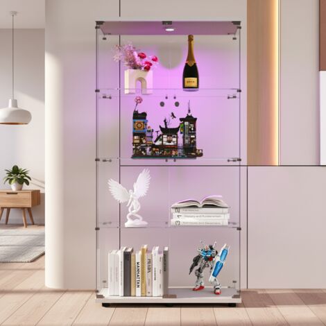 Vitrine en verre avec 4 étagères, meuble à vin, vitrine de salon, avec éclairage LED serrure, convient aux chambres,salons et salles à manger, Blanc
